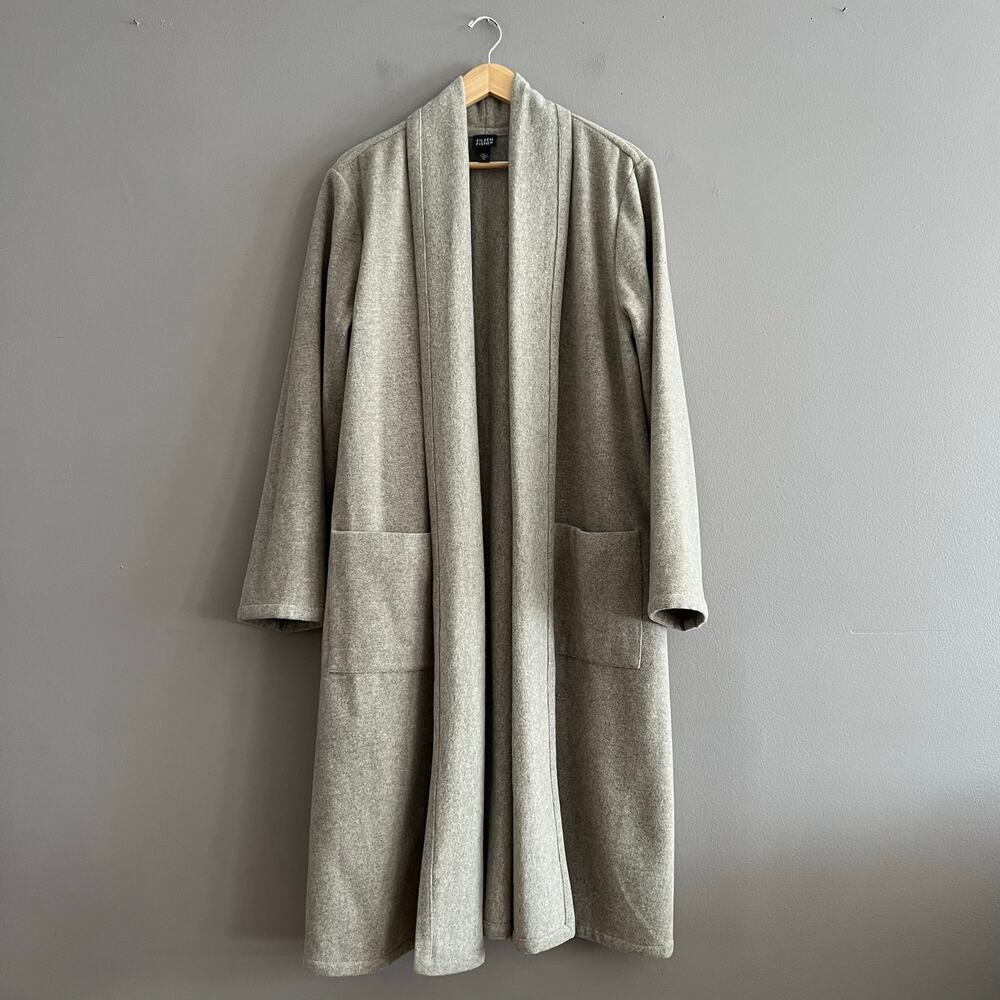 Eileen Fisher Wool Duster Coat Women XL Beige Open Front Pockets Long *FLAW